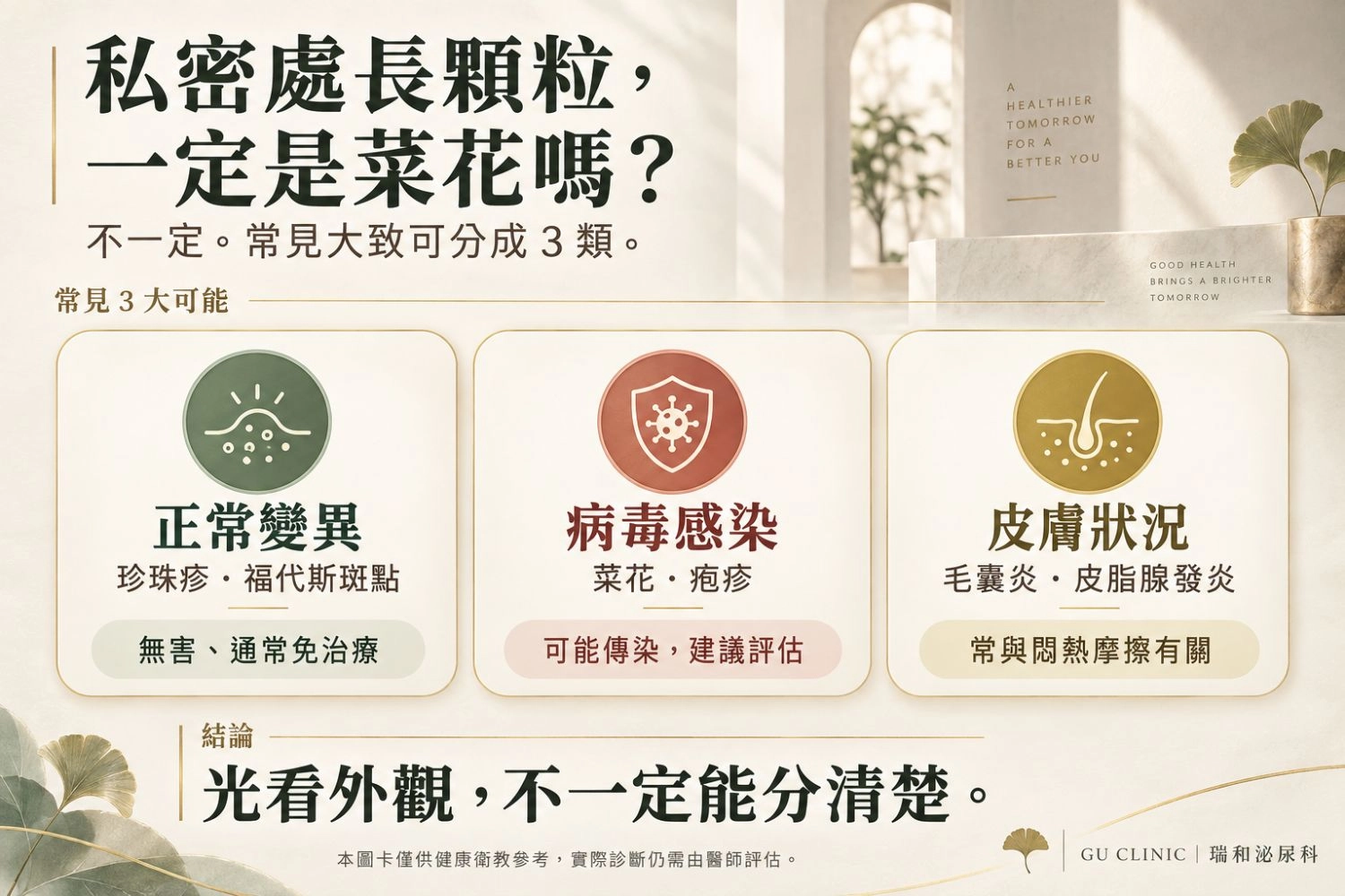 私密處不明顆粒建議由泌尿專科醫師進行理學檢查與鑑別診斷，避免自行上網比對圖片延誤治療。