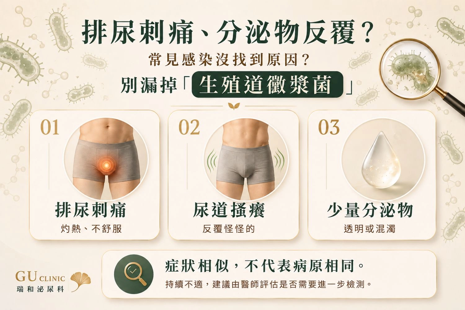 生殖道黴漿菌常見症狀包含排尿刺痛、尿道搔癢及少量透明或混濁分泌物,持續不適建議由泌尿科醫師評估是否需要進一步檢測。