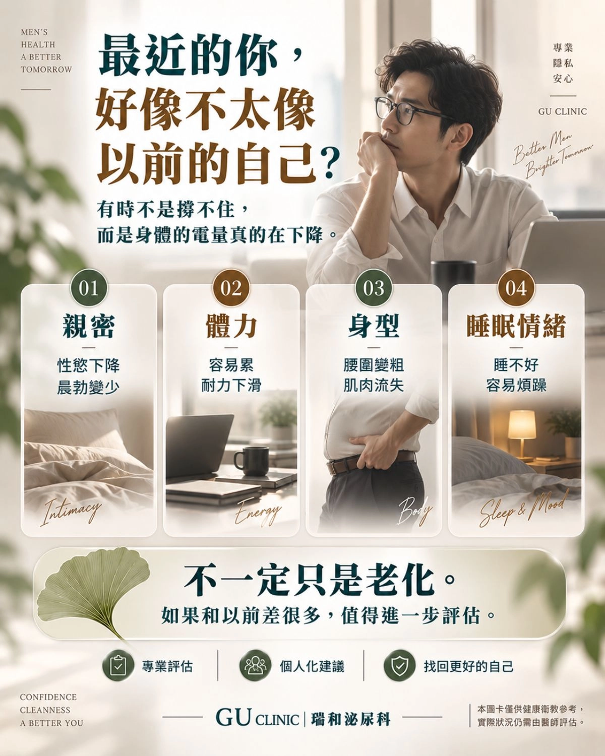 最近總是覺得累、提不起勁?這 4 大警訊可能不是單純老化,而是「身體電量(男性荷爾蒙)」正在下滑! 台中瑞和泌尿科男性更年期(睪固酮低下)常見症狀檢測圖卡。圖表列出四大核心警訊:包含親密關係(性慾下降、晨勃變少)、體力衰退(容易累、耐力下滑)、身型改變(腰圍變粗、肌肉流失),以及睡眠情緒障礙(睡不好、容易煩躁)。提醒男性這不一定只是老化,若與過去狀態落差大,建議尋求專科評估。