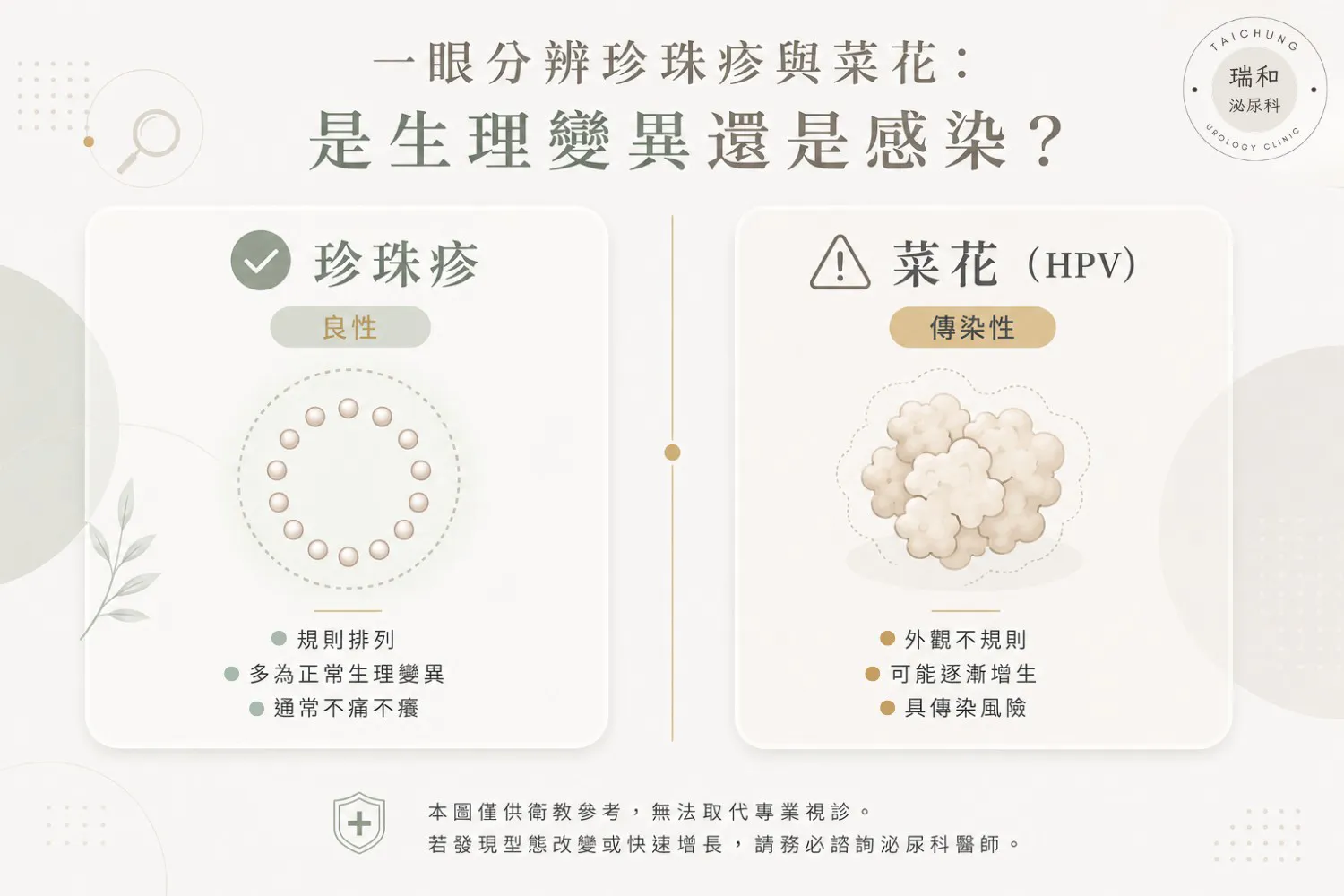 珍珠疹與菜花的自我辨識對比圖。珍珠疹特徵為規則排列、大小一致的圓滑小顆粒，無傳染性；菜花（尖銳濕疣）特徵為散狀分布、大小不一且狀似花椰菜的突起，具強烈傳染性。底部附有專業醫師提醒：若有疑慮應由泌尿科醫師視診。