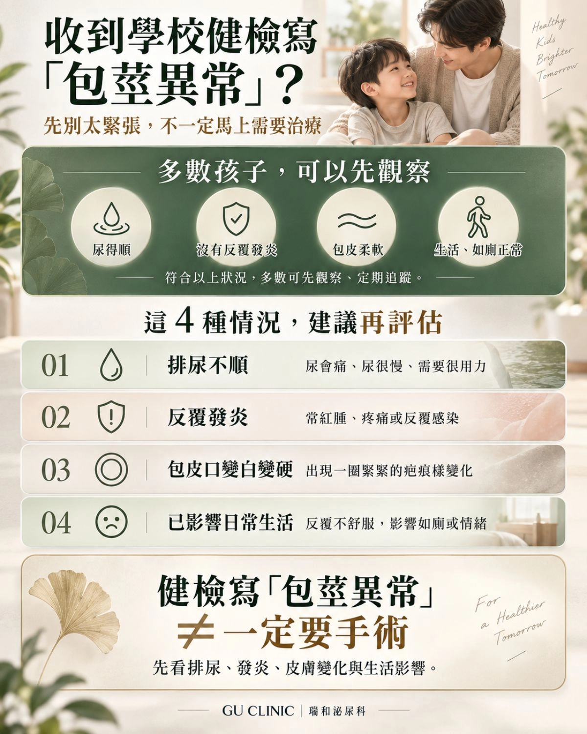 健檢單寫包莖先別慌!跟著 4 步驟冷靜評估,確認孩子是否真的需要手術 學校健檢包皮異常怎麼辦?兒童包皮 4 步驟評估流程圖:帶家長依序檢核排尿順暢度、發炎症狀、開口疤痕與生活影響,確認就醫評估時機|瑞和泌尿科