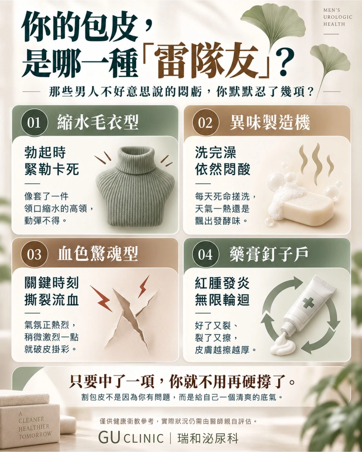 台中瑞和泌尿科圖解：4種常見包皮過長困擾自我檢測，包含勃起緊繃卡住、異味洗不掉、親密撕裂滲血與反覆發炎擦藥的包皮手術專科評估指南