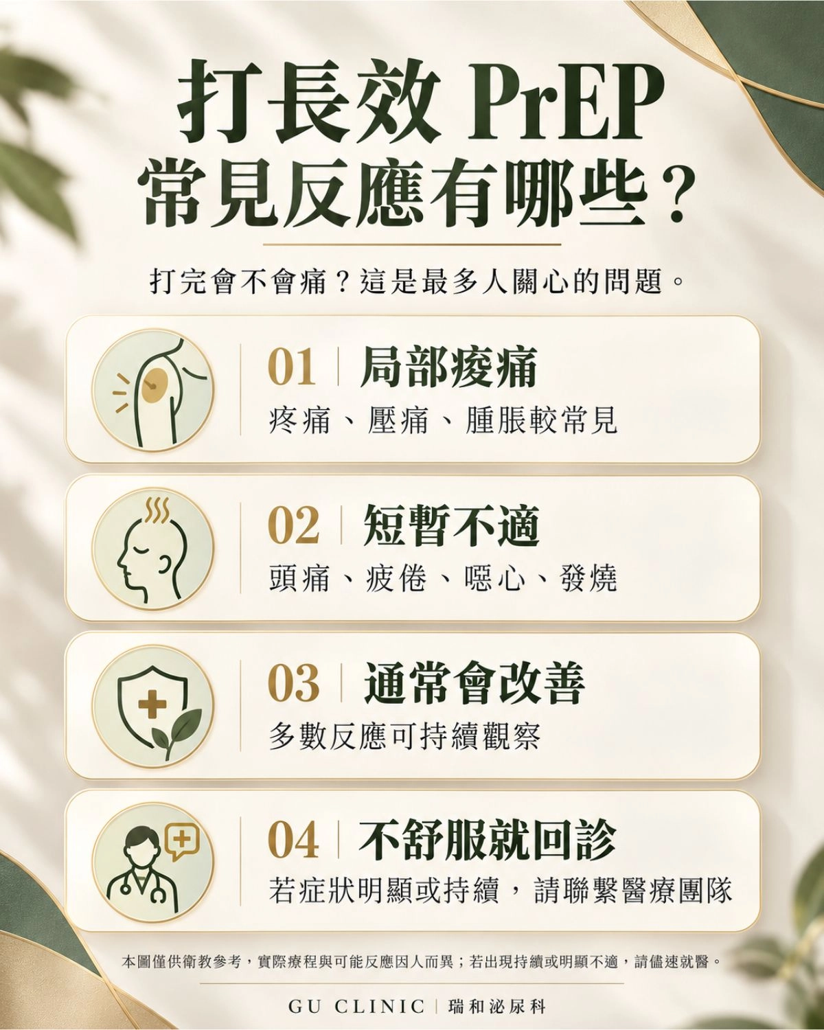 Apretude 長效 PrEP 常見副作用示意圖，整理注射部位疼痛、頭痛、疲倦與噁心等短期不適反應。