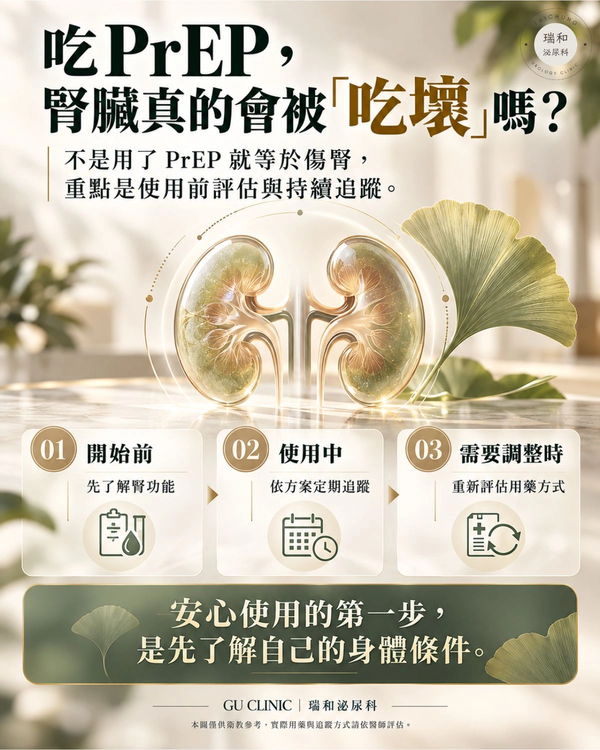 PrEP與腎功能衛教圖，說明使用前評估腎功能、使用中定期追蹤，以及需要時重新評估用藥方式。