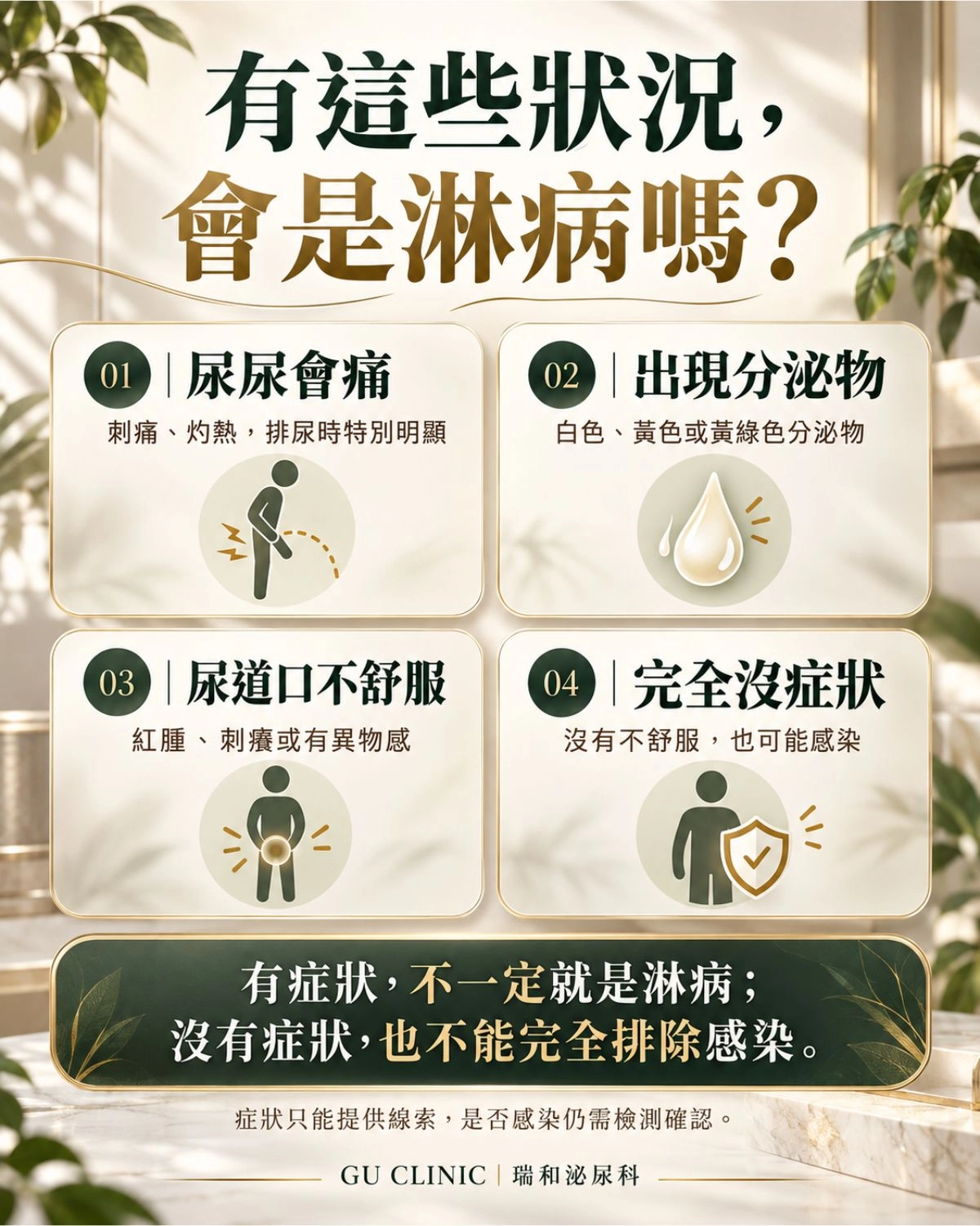 淋病常見症狀圖卡，整理排尿刺痛或灼熱、白色或黃綠色尿道分泌物、尿道口紅腫不適，以及沒有症狀也可能感染的情況。