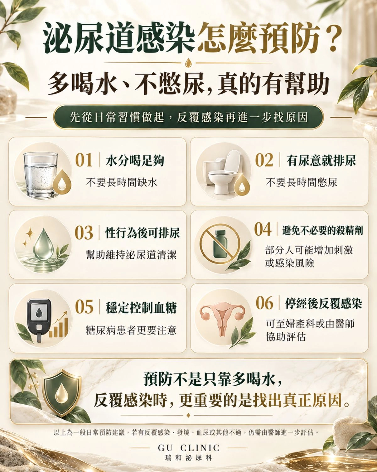 泌尿道感染怎麼預防?多喝水、不憋尿與日常保養一次看懂 泌尿道感染預防圖卡,整理足夠飲水、不憋尿、性行為後排尿、避免不必要殺精劑、控制血糖與停經後反覆感染評估等日常重點。