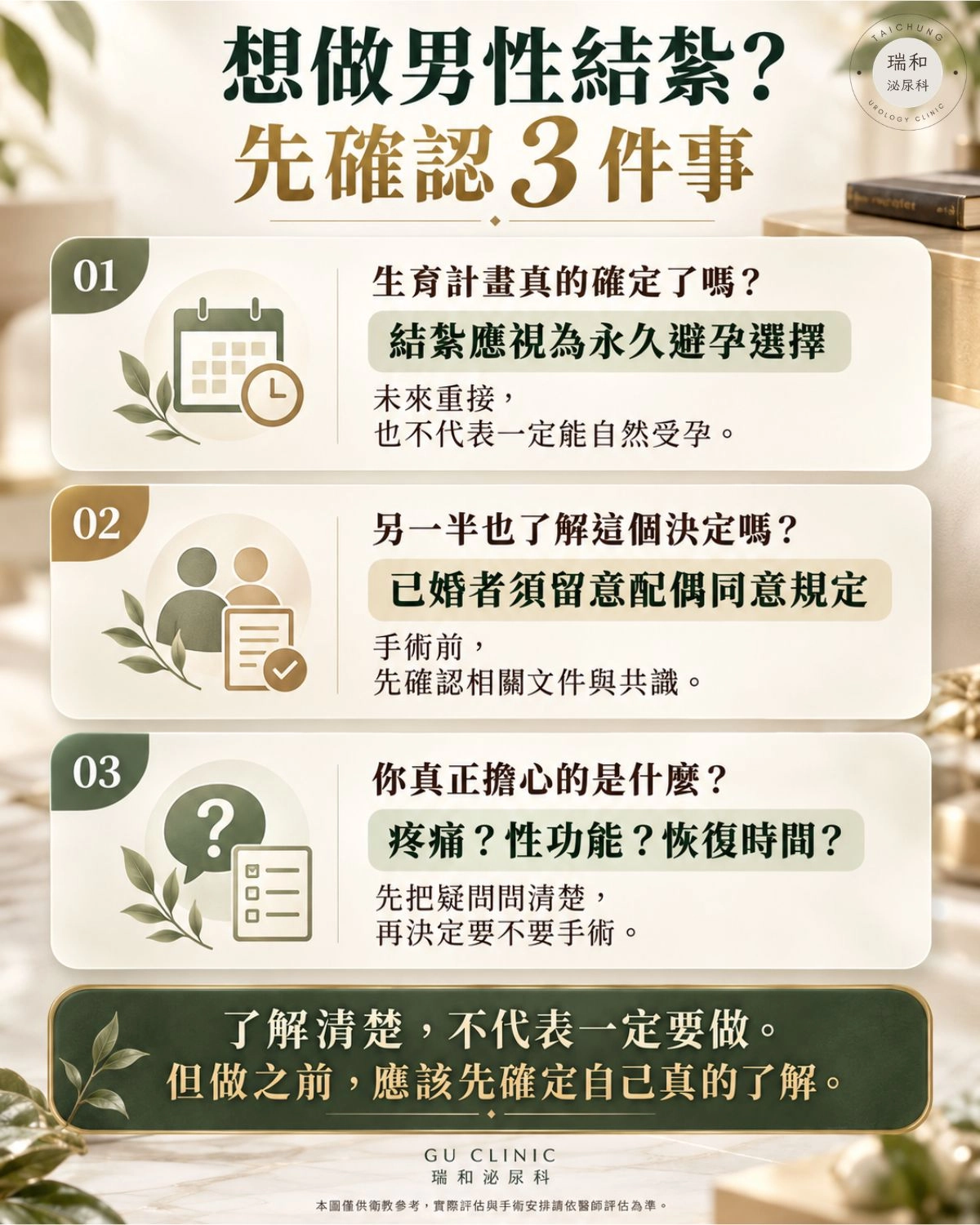 想做男性結紮?先確認生育計畫、伴侶共識與術前疑問 男性結紮前決策檢查圖卡,提醒確認生育計畫、伴侶共識,以及疼痛、性功能與恢復時間等術前疑問。