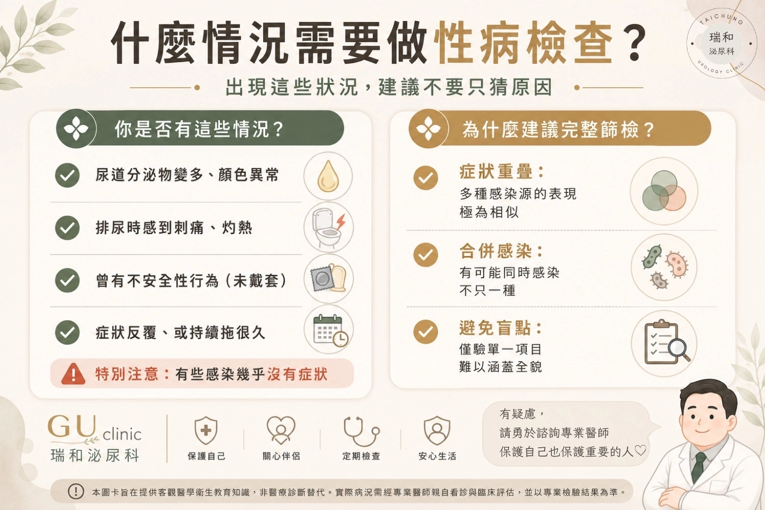 台中瑞和泌尿科衛教:什麼情況需要做性病檢查?包含分泌物改變、排尿刺痛、不安全性行為等症狀解析,強調完整篩檢的重要性