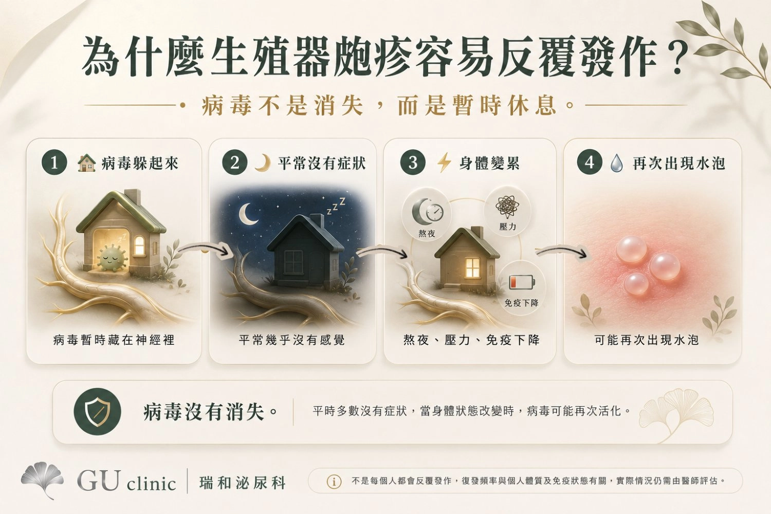 為什麼皰疹一直復發 瑞和泌尿科生殖器皰疹衛教圖,以時間軸說明 HSV 病毒潛伏於神經、平時休眠,以及在身體狀態改變時可能再次活化與復發的過程。