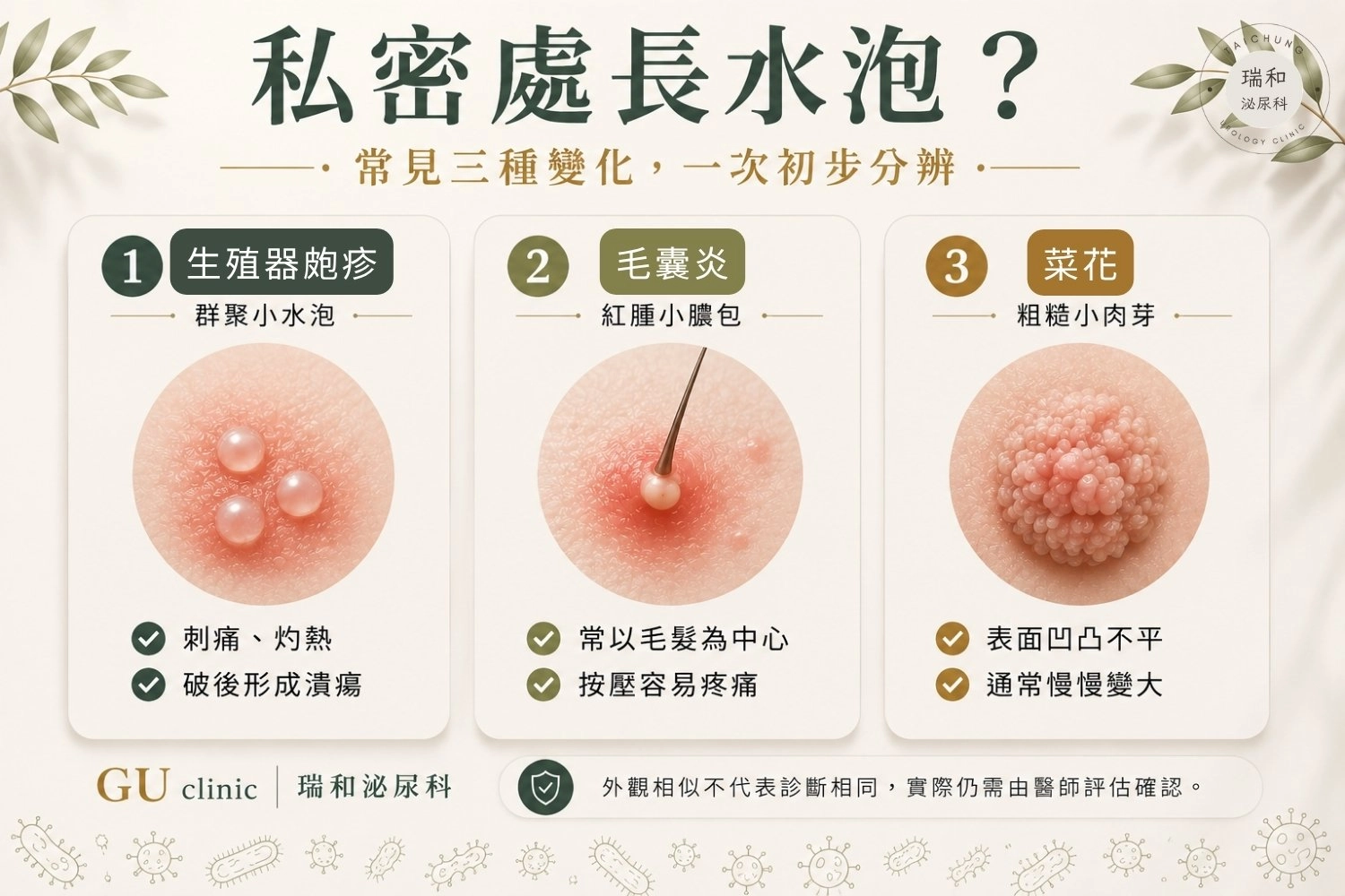 私密處長水泡? 生殖器皰疹、毛囊炎與菜花差異比較,說明群聚小水泡、毛囊膿包與粗糙肉芽的常見外觀特徵,供衛教初步參考。